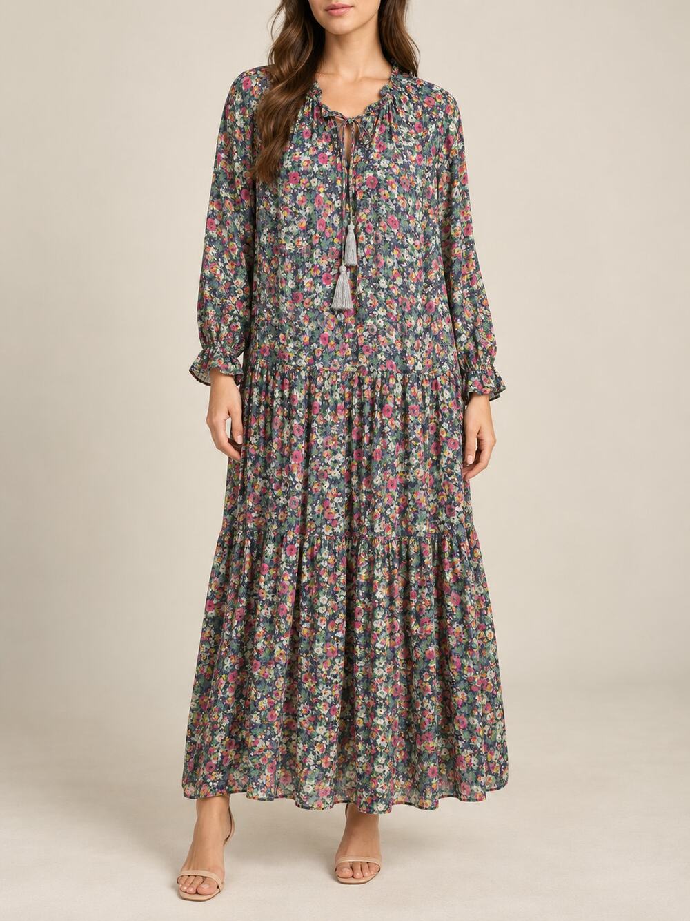 Silk & Salt Maxi Dress Womens Small Floral Green Pink Tiered Chiffon Boho Plisse